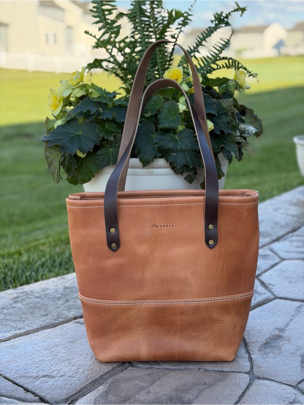 Range Classic Tan Leather Tote Bag with Black Handles